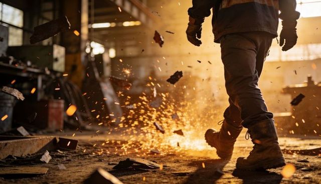 Worker walking through sparking industrial workshop with debris, heavy boots, safety gear