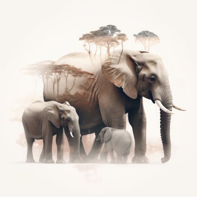 This artistic depiction of African elephants combined with savanna scenery can be used in wildlife conservation campaigns, nature documentaries, art prints, and environmental awareness projects. The composition highlights the majestic presence of elephants coexisting with their natural habitat, making it ideal for educational materials and eco-friendly merchandise.