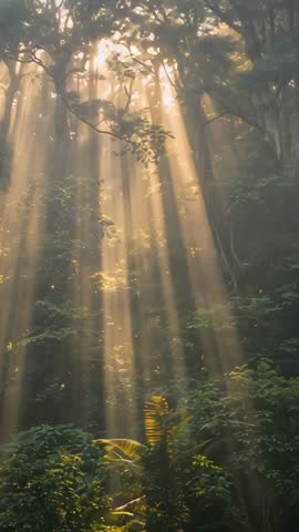 Sunbeams Dancing Through Tropical Canopy, Mist Rising, Leaves Swaying — Vertical Forest Clip
