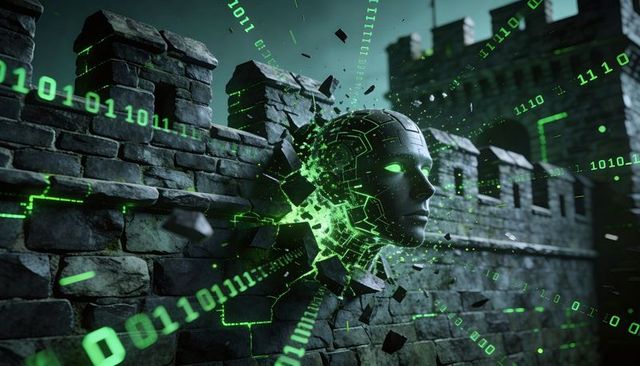 Synthetic ai head bursting through castle wall, streaming green binary circuitry