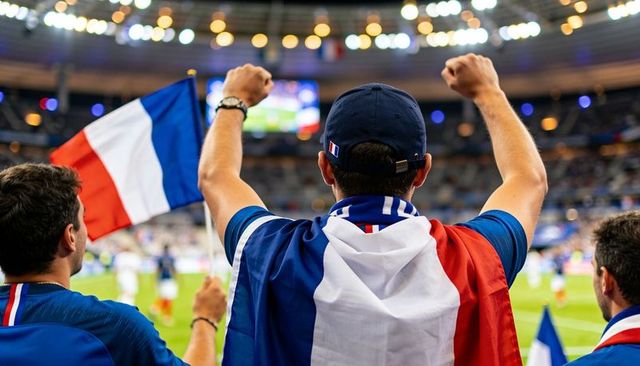 Cheering french football fans waving tricolor flags celebrating victory in packed stadium