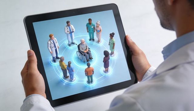 Clinician Viewing Tablet Showing 3D Care Team Network Around Elderly Patient in Wheelchair