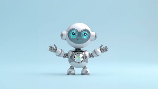 Posing friendly humanoid robot raising hands showing glowing chest core on pale blue