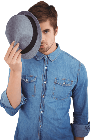 Fashionable Young Man in Denim Shirt Holding Fedora Hat