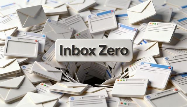 Inbox zero badge clearing email overload with funnel of envelopes and browser windows