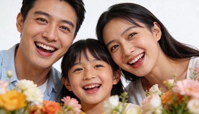 Joyful family smiling together with colorful spring flowers closeup portrait