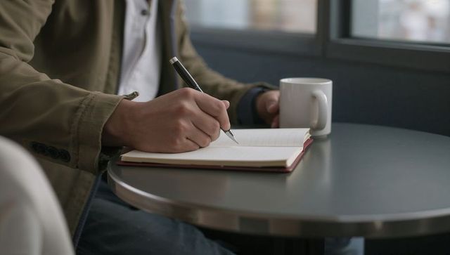 Man writing in notebook at cafe window with coffee mug, casual urban journaling and notes