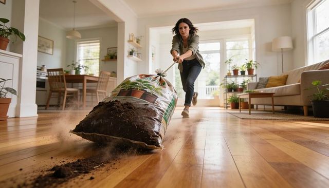 Woman dragging bag of potting soil across hardwood floor, spilling dirt trail