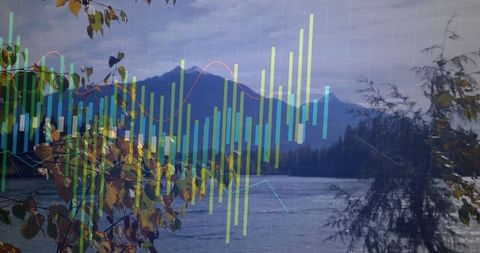 Data Visualization Overlaying Peaceful Lakeside Scenery