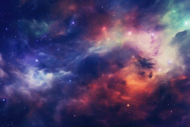 A vibrant depiction of a nebula displaying a myriad of colors among stars. Useful for astronomy-themed presentations, educational materials about space, and backgrounds for science fiction projects.