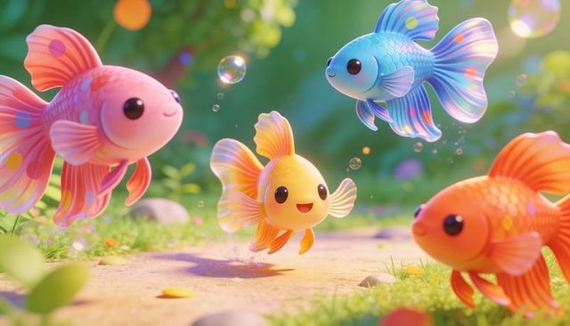 Playful rainbow goldfish swimming in sunlit shallow pond with bubbles