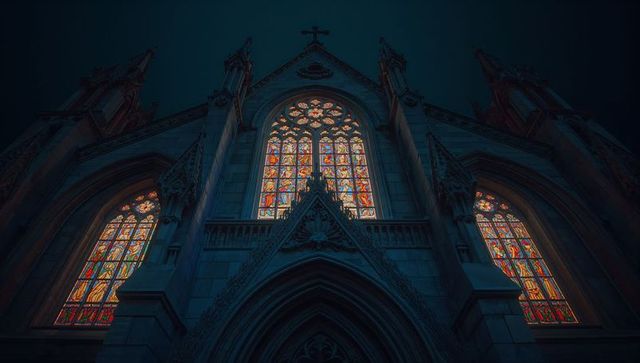Gothic church illuminated by stained glass at night