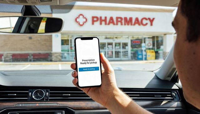 Driver holding smartphone showing prescription ready for pickup at pharmacy parking lot