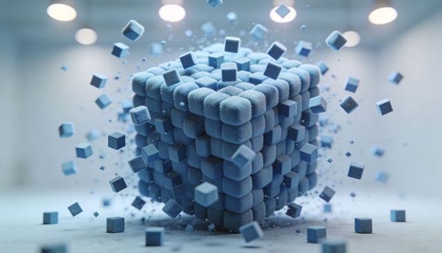 Velvety Blue Cube Releasing Micro Cubes and Dust Particles for Abstract Tech Concepts
