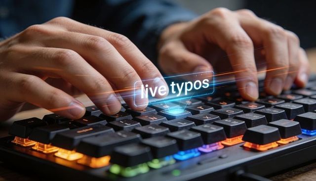 Holographic live typos over rgb mechanical keyboard hands typing real-time text errors