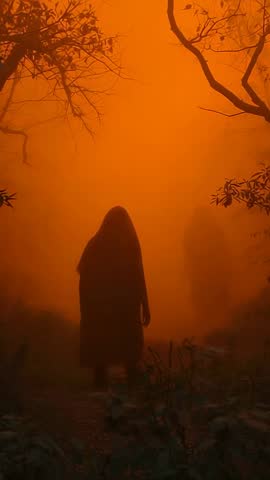 Vertical video Cloaked traveler walking through amber fog in misty forest cinematic scene