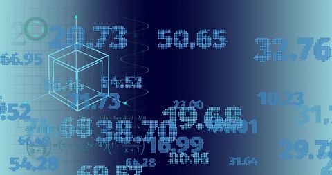Cyan wireframe 3d cube with floating numeric data and technical grid interface