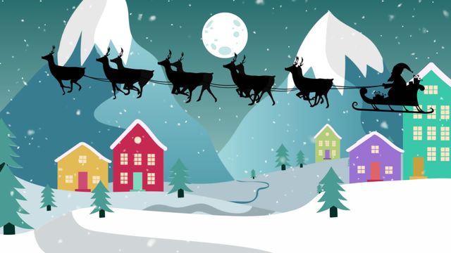 This colorful illustration depicts Santa Claus riding in his sleigh pulled by reindeer, flying over a snowy village under a full moon. Snow is gently falling, creating a picturesque Christmas Eve. Ideal for use in holiday greeting cards, festive wallpapers, banners for winter celebrations, or seasonal advertisements conveying the warmth and joy of the Christmas season.