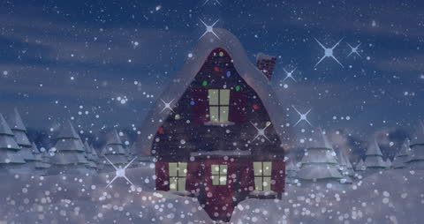 Lonesome Cabin in Snowy Winter Wonderland with Falling Snowflakes