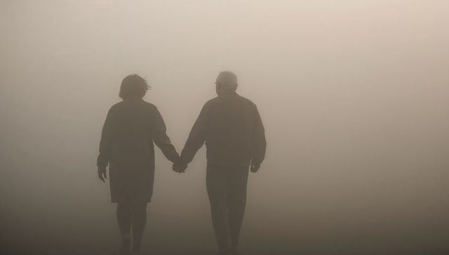 Senior couple holding hands walking into foggy park silhouette misty morning romantic