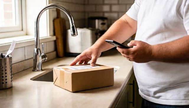 Man checking delivery package on kitchen countertop while holding smartphone