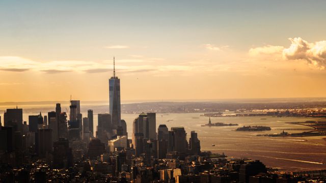 Aerial View of New York City Skyline at Sunset with One World Trade Center - Download Free Stock Photos Pikwizard.com