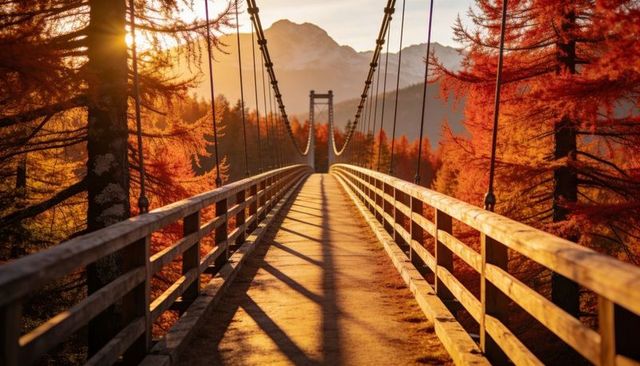Autumn wooden suspension bridge crossing mountain valley at golden hour with red pines