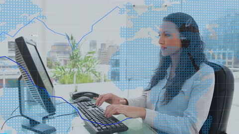 Businesswoman Analyzing Data with World Map Overlay in Office