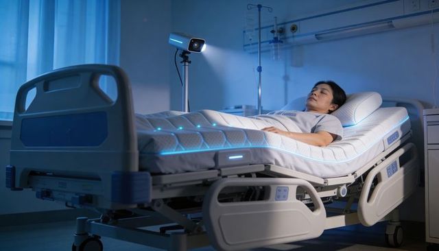 Resting patient on led-lit smart mattress in adjustable hospital bed at night, calm clinical scene