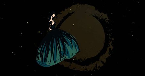 Abstract space-inspired fashion illustration on black background