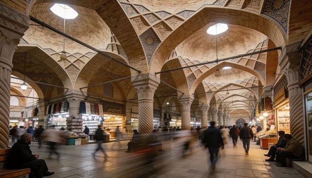 Vaulted bazaar arcade with fluted columns and crowds under warm lantern light