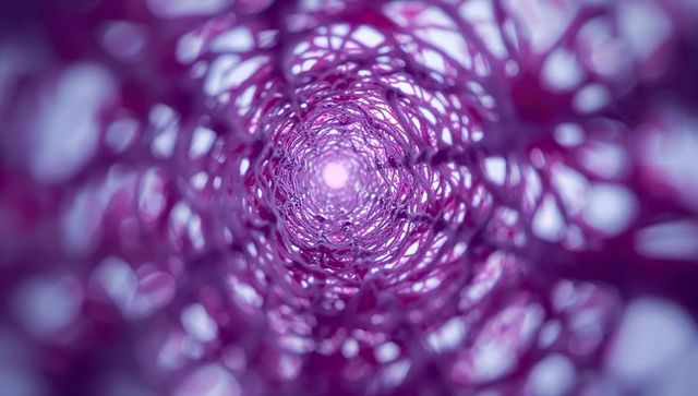 Glowing woven purple tunnel pulling eye into luminous center with bokeh highlights