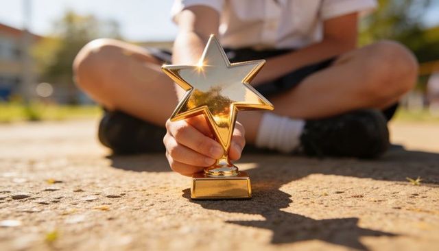 Student grasping gold star trophy on school playground in sunlit moment