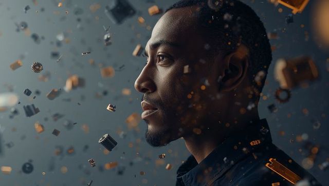 Gazing profile of man with floating copper gears and circuitry, futuristic concept