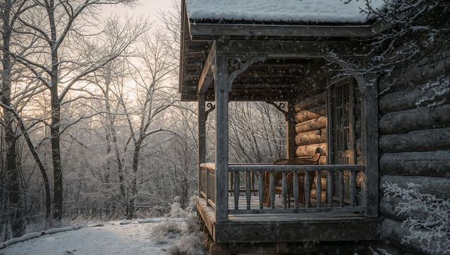Rustic log cabin porch glowing with warm low sunlight at snowy forest edge, wicker chairs