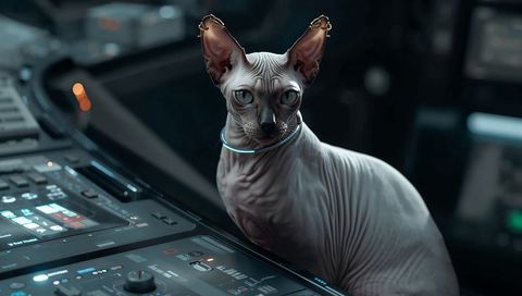 Sphynx cat perching on futuristic bridge console with neon collar and gold cuffs