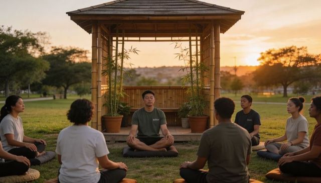 Sunset outdoor meditation circle at bamboo pavilion with instructor leading mindfulness