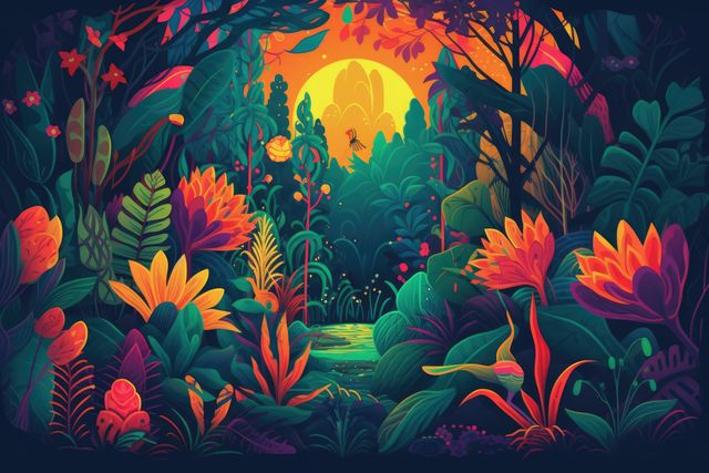 Rainforest with lake and tropical plants at sunset, created using generative ai technology. Rainforest, nature and scenery concept digitally generated image.