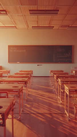 Vertical video panning to chalkboard in sunlit classroom revealing chalk notes and nostalgia