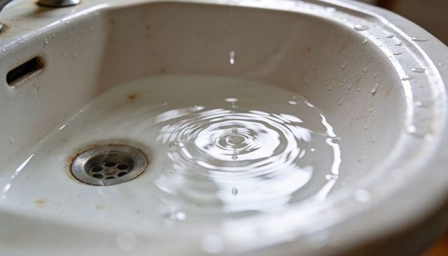 Dripping water creating concentric ripples in stained porcelain sink revealing rust buildup