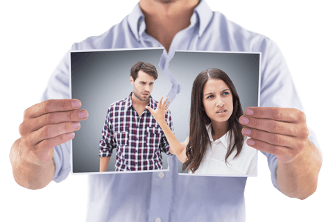 Transparent torn picture of couple arguing in hands