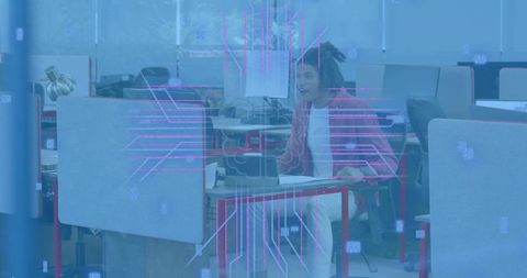 Worker in red jacket answering phone and sorting papers with ar overlay in open office