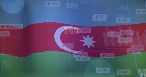Azerbaijan flag tech overlay with data visualization and social media analytics