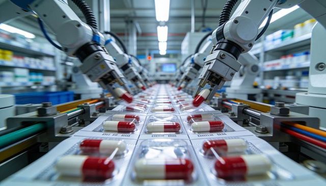 Robotic arms placing red-white capsules into blister packs on high-speed production line