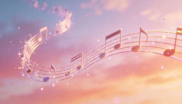 Ethereal golden music staff arcing through pastel sky with glittering notes and sparkling melody