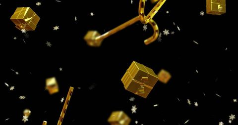 Floating golden christmas presents with candy canes and snowflakes