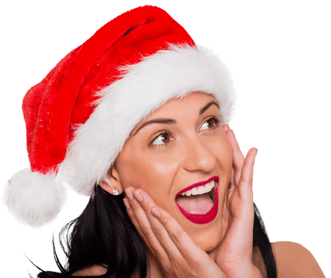 Happy woman in santa hat looks sideways with joyful expression - transparent background