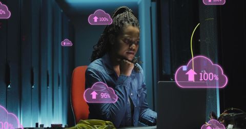 Afro-American Woman in Server Room with Cloud Computing Interface - Download Free Stock Images Pikwizard.com