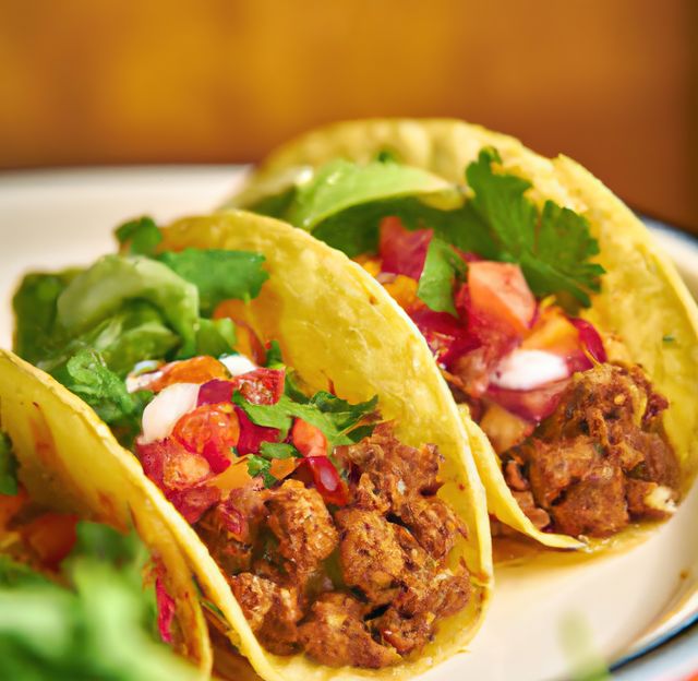 Mexican tacos with seasoned meat, vegetables, and fresh toppings on soft tortillas. Perfect for articles or advertisements on Mexican cuisine, food blogs, or restaurant menus. These colorful, appetizing tacos can also be used in promotions for catering services or culinary events.