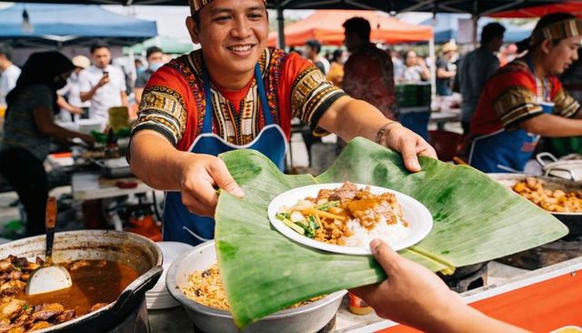 Smiling vendor serving banana leaf dish with curry rice at busy street food market